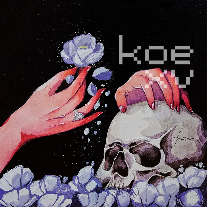 Watercolor painting of one hand holding a lavender flower, and the other hand resting on a skull.