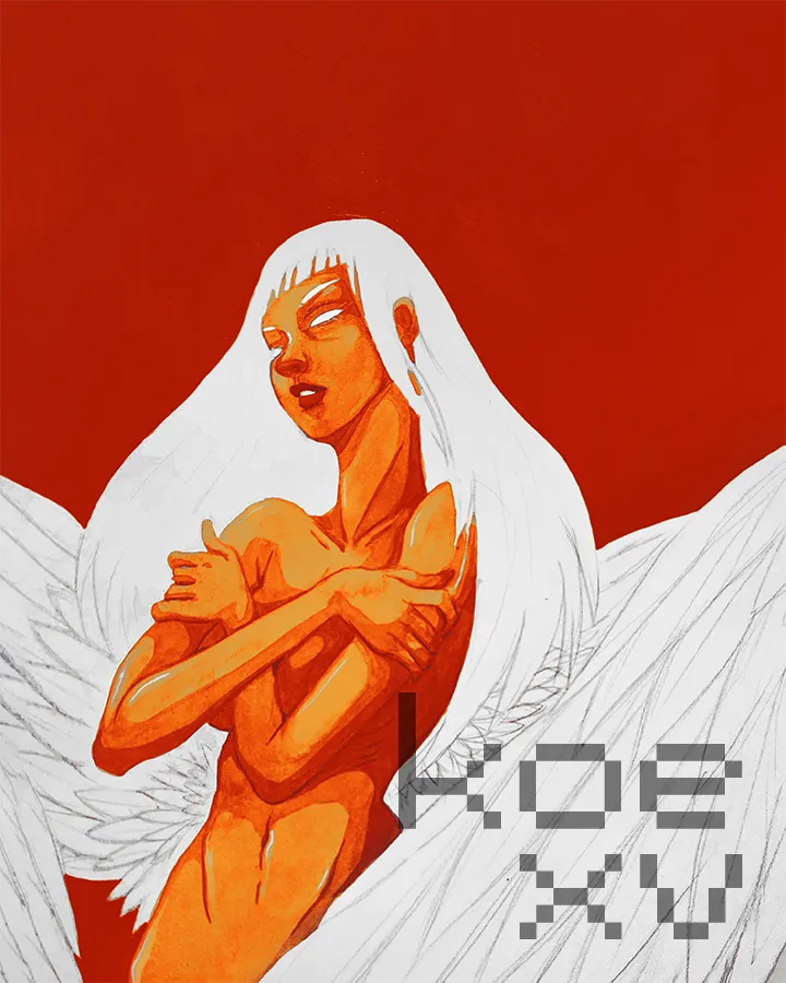 Acrylic painting of an angel with white hair, wings and eyes floating upwards.