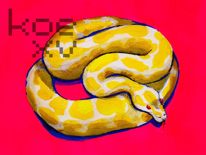 Gouache painting of a white and yellow snake on a neon pink background.