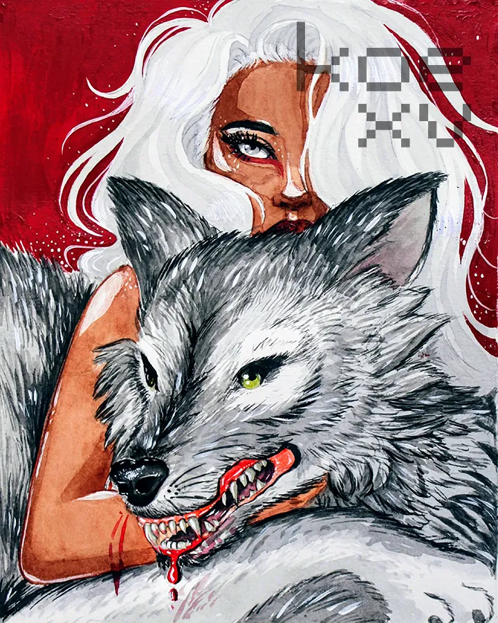 Mixed media painting of a white-haired woman holding a snarling wolf's face.